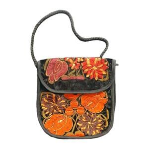 Vintage Boho Floral Embroidered Velvet Crossbody Purse Festival Hippie Bag